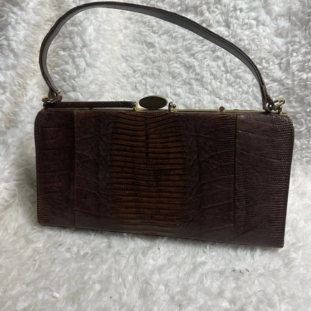 Vintage Brown Snake skin print handbag with antique gold tone hardwares.